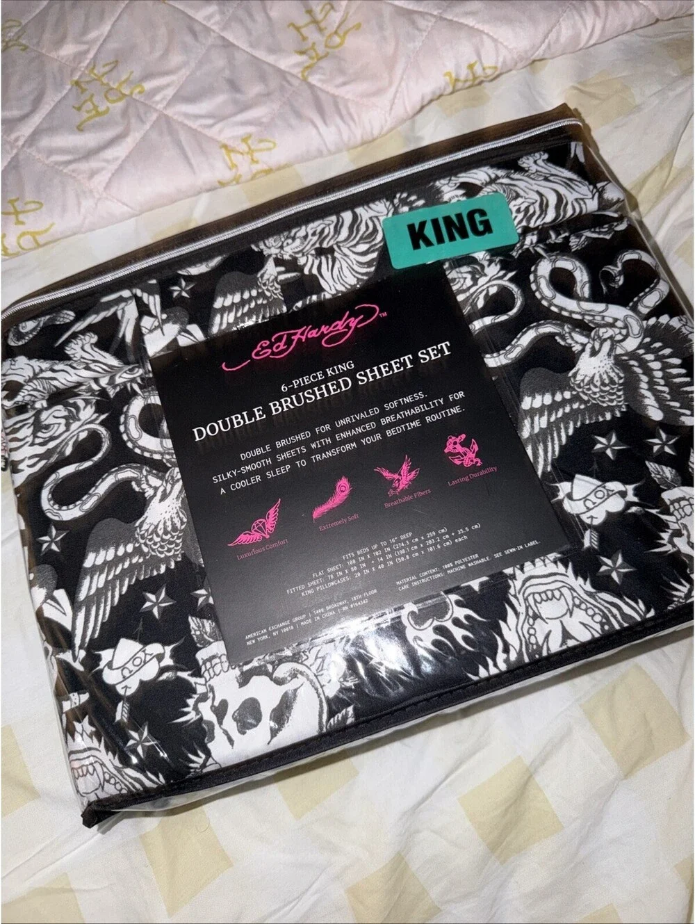 Ed Hardy New King 6 Pc Sheet Set Halloween Skulls Snakes Black White